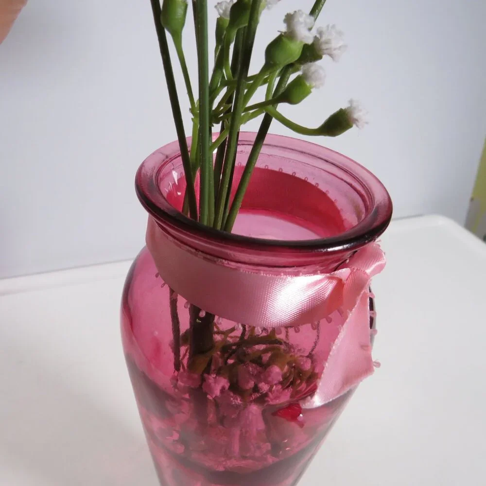 Pink Glass Vase with Warm Pink Faux Roses & Baby's Breath Silk Flowers